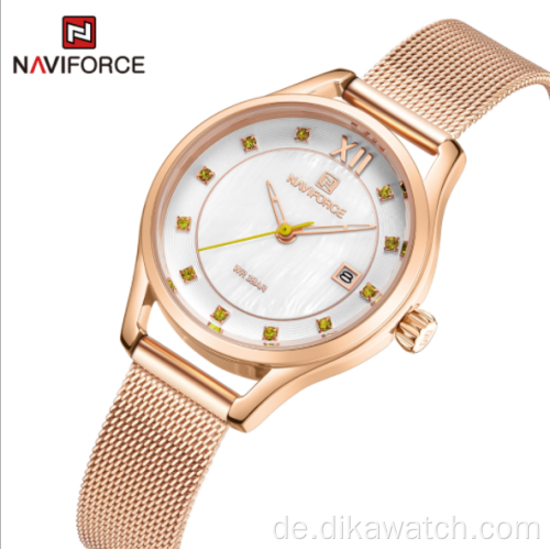 NAVIFORCE NF5010S Strass Edelstahl Feinmaschiger Gürtel Damenuhr im Stil einfaches Temperament Armbanduhren